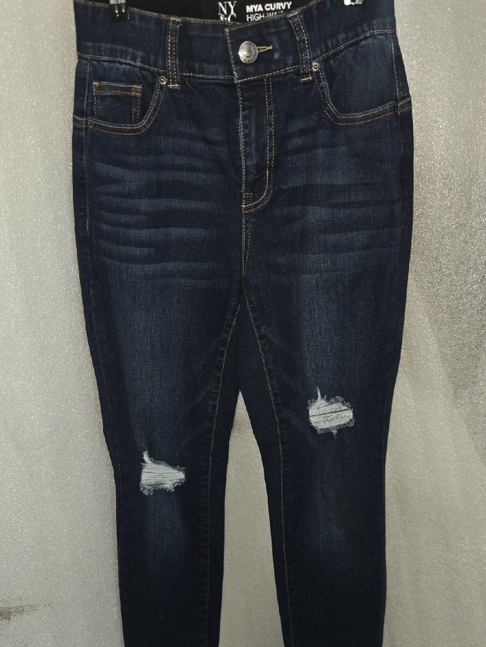New York & Company Dark Blue High-Rise Distressed Curvy Jeans